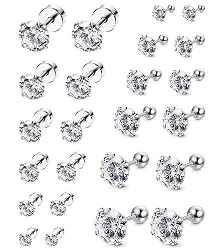 ORAZIO 12 Pairs 20G Stainless Steel Ear Stud Piercing Barbell Studs Earrings Round Cubic Zirconia Inlaid (E:12 Pairs,White 20G(0.8MM))