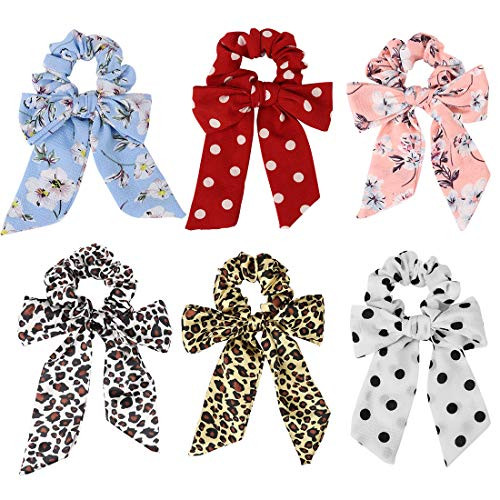 Ondder 6 Pcs Chiffon Bow Scrunchies for Hair Bowknot Flower Scrunchies Elastic Hair Bands Scrunchy Hair Ties Ropes Scrunchie Hair Bow Ponytail Holder Hair Accessories (6 Pack Chiffon Bow Scrunchies)