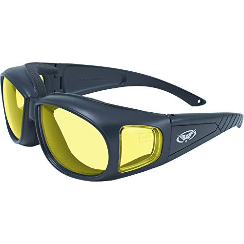 Motorcycle Safety Sunglasses Fits Over Glasses Yellow Lenses Meets ANSI Z87.1 Standards For Safety Glasses Has Soft Airy Foam Padding Comes with Storage Pouch and Strap