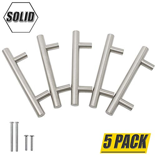 (5 Pack) Probrico 3" Hole Centers Brushed Nickel Kitchen Cabinet Pulls Solid Stainless Steel Modern Euro T Bar Handles Dresser Drawer Cabinet Pulls, 5" Overall Length