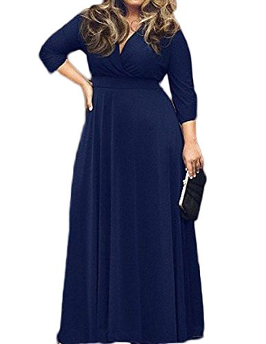 POSESHE Women's Solid V-Neck 3/4 Sleeve Plus Size Evening Party Maxi Dress Grey 4X-Large
