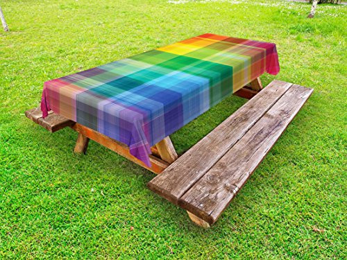 Ambesonne Vintage Rainbow Outdoor Tablecloth, Retro Plaid Design Checkered Squares Rainbow Colored Geometric Pattern, Decorative Washable Picnic Table Cloth, 58" X 84", Orange Green