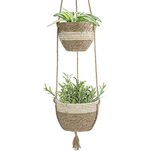 LA JOLIE MUSE Hanging Planter Basket Indoor Outdoor,Natural Seagrass Flower Plant Pots, Beige