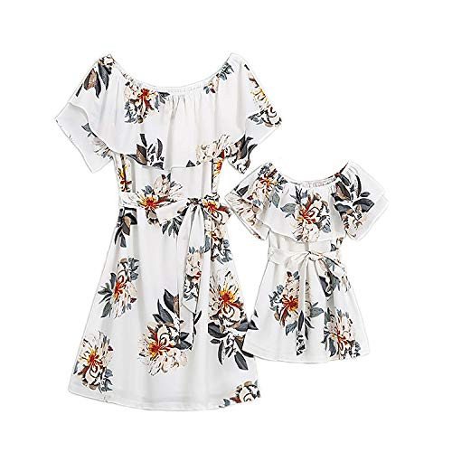 PopReal Mommy and Me Dresses Floral Printed Chiffon Bowknot Ruffles Short Sleeve Beach Mom Daughter Matching Outfits White