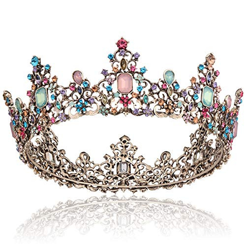 Coucoland Vintage Baroque Crown Royal Princess Queen Bride Tiara Crystal Rhinestone Headband Hair Accessories for Birthday Pageant Wedding Party (Gold and Colorful)