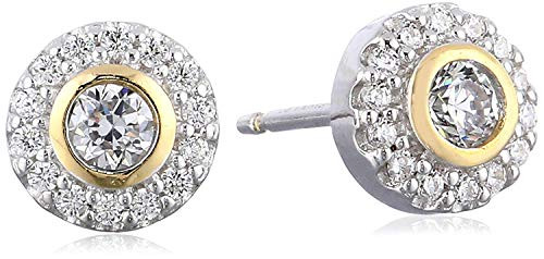 18K Gold Plated .925 Sterling Silver Cubic Zirconia Two Tone Round Halo Stud Earrings