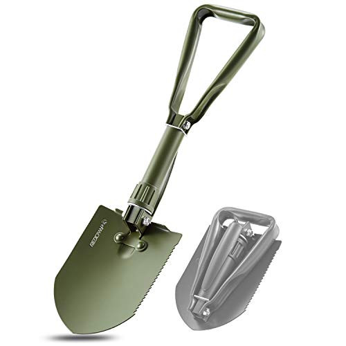 REDCAMP Military Folding Camping Shovel?High Carbon Steel Entrenching Tool Tri-fold Handle Shovel with Cover?Green 2.5lbs