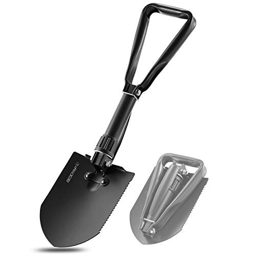 REDCAMP Military Folding Camping Shovel?High Carbon Steel Entrenching Tool Tri-fold Handle Shovel with Cover?Black 2.5lbs