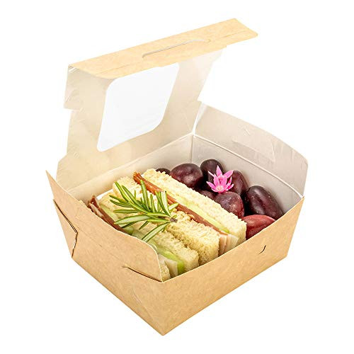 Cafe Vision 12 oz Rectangle Kraft Paper Mini Bio Lunch Box - Two Windows - 4 1/4" x 3 3/4" x 1 3/4" - 50 count box - Restaurantware