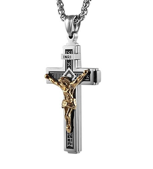 HZMAN Catholic Jesus Christ on INRI Cross Crucifix Gold Silver Tone stainless steel Pendant Necklace 22+2 Chain (Silver & Gold) HZMAN Catholic Jesus Christ on INRI Cross Crucifix Gold Silver Tone stainless steel Pendant Necklace 22+2 Chain (Silver & Gold)