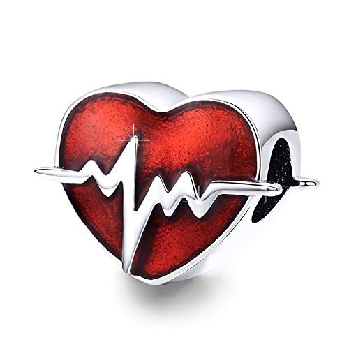 BAMOER 925 Sterling Silver Heart Charm Beads Heartbeat Love Heart Shape Charm Fit Bracelet Necklace for Her (Red Heart Beat) BAMOER 925 Sterling Silver Heart Charm Beads Heartbeat Love Heart Shape Charm Fit Bracelet Necklace for Her (Red Heart Beat)