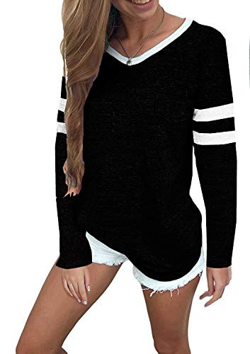 MISSLOOK Women's Color Block Shirts Baseball Tees Long Sleeve Striped Tunics Blouses Tops - Black L