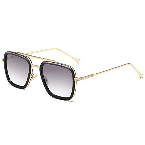 SOJOS Polarized Sunglasses for Men Women Retro Aviator Square Goggle Classic Alloy Frame Tony Stark Sunglasses Gradient Flat Lens HERO SJ1126 with Gold Frame/Black Rim/Gradient Grey Lens