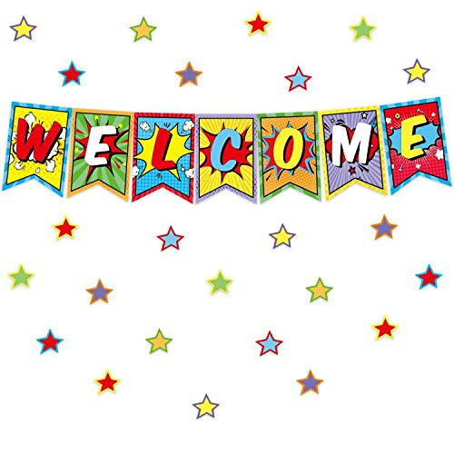 Colorful Welcome Bulletin Board Set Classroom Decoration Pennants Super Welcome Bulletin Decoration 64Pcs