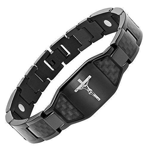 Willis Judd Men's Christian Jesus Crucifix Cross Black Carbon Fiber Titanium Magnetic Bracelet Adjustable