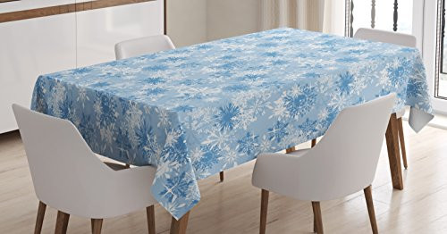 Ambesonne Snowflake Tablecloth, Winter Holiday Illustration Christmas Snowflakes on Abstract Background, Rectangular Table Cover for Dining Room Kitchen Decor, 52" X 70", Blue White