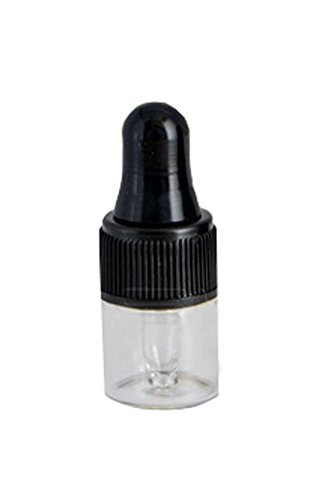 25Pcs Mini 1ML Empty Refillable Transparent Glass Essential Oil Bottles Perfume Cosmetic Liquid Aromatherapy Lotion Sample Storage Containers Vials Jars with Eye Dropper Dispenser, Black Screw Cap