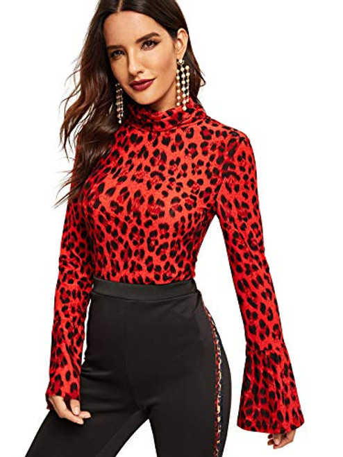 SweatyRocks Women's Leopard Print Long Sleeve Turtleneck T-Shirt Basic Blouse Tee Top Red L