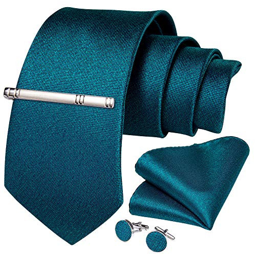 DiBanGu Teal Tie for Men Silk Solid Necktie Pocket Square Cufflink Tie Clip Set Wedding Prom