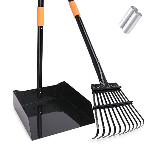 TNELTUEB Extra Large Metal Pooper Scooper, Dog Poop Scoopers Tray and Rake Set for Large and Small Dogs, Adjustable Long Handle, Great for Grass, Gravel, Dirt