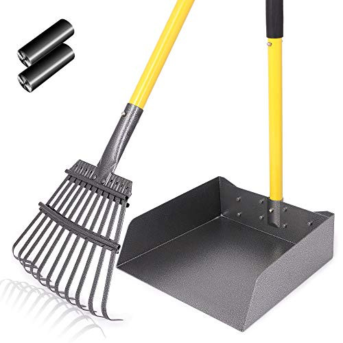 TNELTUEB Large Dog Pooper Scooper Set Extra Metal Pet Poop Tray & Rake with Adjustable Long Handle for Pet Waste Removal Scooper Great for Gravel/Grass/Street