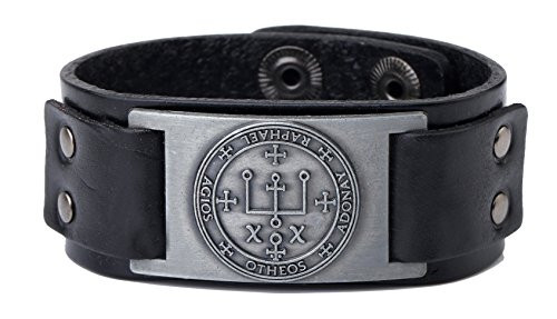 Dawapara Vintage Solomon Sigil of Archangel Raphael Metal Craft Connector Enoch Talisman Cuff Leather Bracelet Men Jewelry (Antique Silver Black Wristband) Dawapara Vintage Solomon Sigil of Archangel Raphael Metal Craft Connector Enoch Talisman Cuff Leather Bracelet Men Jewelry (Antique Silver Black Wristband)