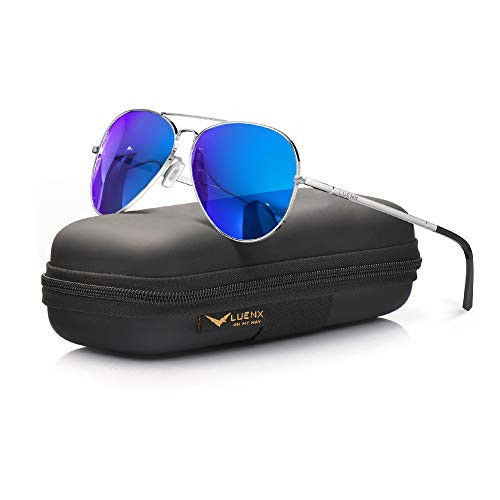 LUENX Men Womens Aviator Sunglasses Polarized Mirror Blue Lens Metal Silver Frame with case