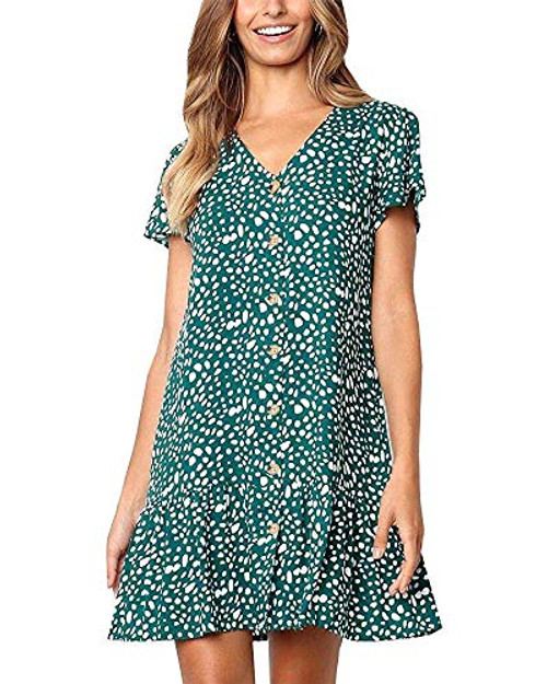 Chuanqi Womens Polka Dot V Neck Button Down Ruffles Casual Loose Swing Short Mini T-Shirt Dress(Large, Green) Chuanqi Womens Polka Dot V Neck Button Down Ruffles Casual Loose Swing Short Mini T-Shirt Dress(Large, Green)