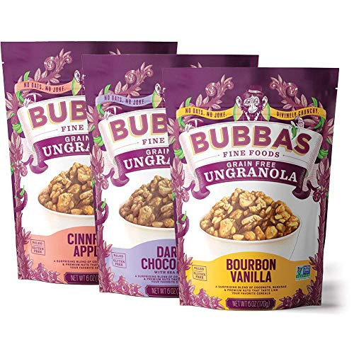 Bubba's Foods Grain Free Paleo Granola Variety Pack, 6oz (Pack of 3) | Gluten Free, Low Sugar Breakfast Cereal Bubba's Foods Grain Free Paleo Granola Variety Pack, 6oz (Pack of 3) | Gluten Free, Low Sugar Breakfast Cereal