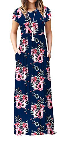 VIISHOW Women's Short Sleeve Floral Dress Loose Plain Maxi Dresses Casual Long Dresses with Pockets(Floral Navy Blue M)
