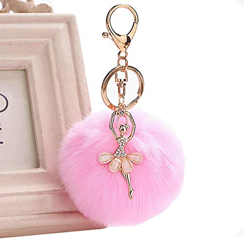 Faux Fox Fur Pom Pom Ball Keychain with Ballet Dancer Purse Bag Charm Fluffy Ball Key Chain for Women Bag or Cellphone or Car Pendant (Pink)