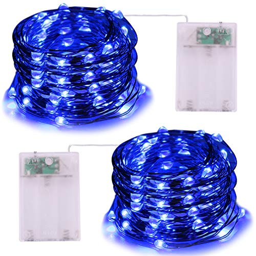Battery Operated Blue String Lights - 2Pack 16.4ft Mini Battery Powered LED String Lights Fairy Lights Copper Wire Lights Twinkle Firefly Lights for Christmas Party Wedding Bedroom Garden Decoration