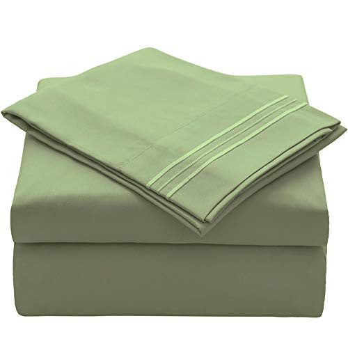 VEEYOO Bed Sheet Twin - Fitted Sheets Set Deep Pocket, Luxury 1800 Brushed Microfiber Bed Set Extra Soft, Wrinkle, Fade, Stain Resistant, Breathable, Hypoallergenic - 3 Piece, Moss Green