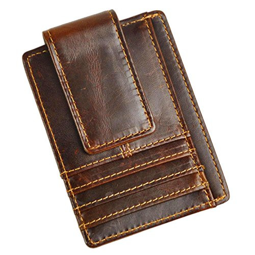 Le'aokuu Genuine RFID Leather Magnet Money Clip Credit Card Case Holder Slim Wallet (Coffee RFID)