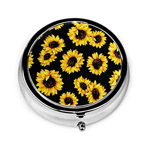 Sunflower Pill Box Round Metal Pill Case Three Compartment Pocket Tablet Medicine Storage for Purse