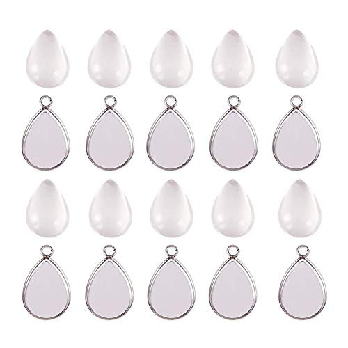 PH PandaHall 100pcs Bezel Pendant Blanks Settings - 50pcs Drop Pendant Trays Bezel Blanks with 50pcs Glass Cabochons Clear Dome for Photo Jewelry Making