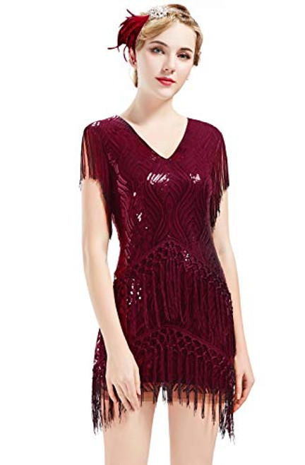 BABEYOND 1920s Flapper Dress Long Fringed Gatsby Dress Roaring 20s Sequins Beaded Dress Vintage Art Deco Dress (Wine Red, L)