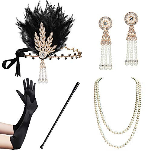 BABEYOND 1920s Flapper Gatsby Costume Accessories Set 20s Flapper Headband Pearl Necklace Gloves Cigarette Holder (Flapper set-2)