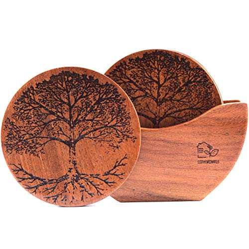 Wood Coasters | Handmade Wood Drink Coasters with Holder Set of 6 Pieces | 100% Natural Wooden Coasters For Drinks Absorbent with Holder | Cup Coasters for Table (Wooden Coaster)