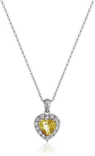 Platinum-Plated .925 Sterling Silver Genuine Citrine 1/2" Heart Pendant with White Topaz Halo on 18" Chain Necklace - November Birthstone