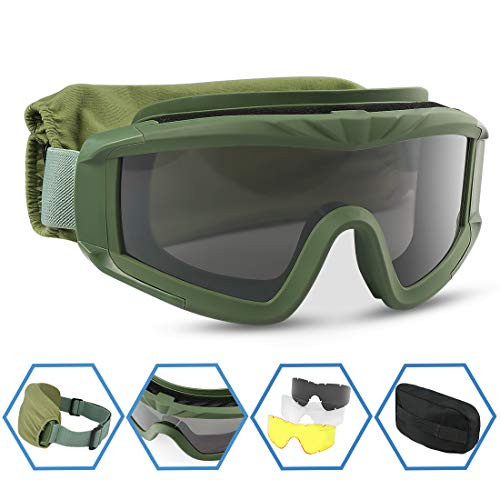 XAegis Airsoft Goggles, Tactical Safety Goggles Anti Fog Military Eyewear with 3 Interchangeable Lens for Paintball Riding Shooting Hunting Cycling - Green