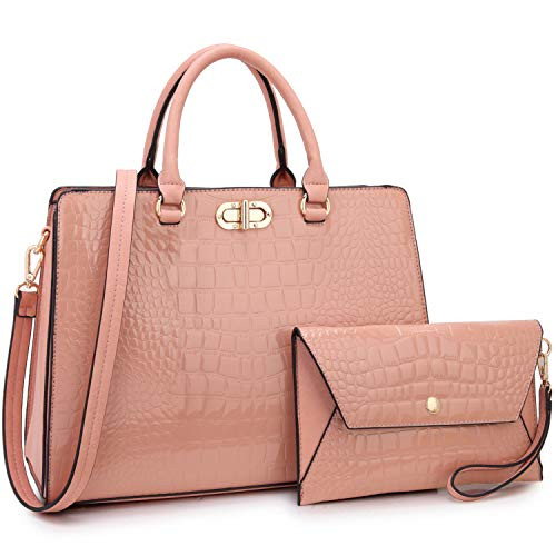 Dasein Women Handbags Satchel Purses Shoulder Bag Top Handle Work Tote for Lady with Matching Wristlet 2pcs Set (Croco pink)