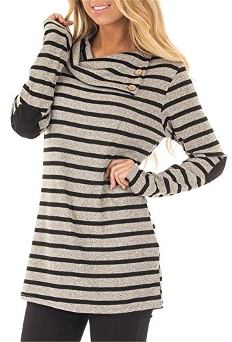 ETCYY Women's Long Sleeve Striped Button Cowl Neck Tunic Sweatshirts Tops,Gray,Large