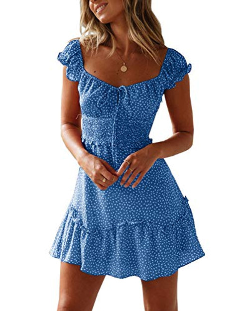 Yobecho Womens Summer Ruffle Sleeve Sweetheart Neckline Printing Dress Mini Dress Blue