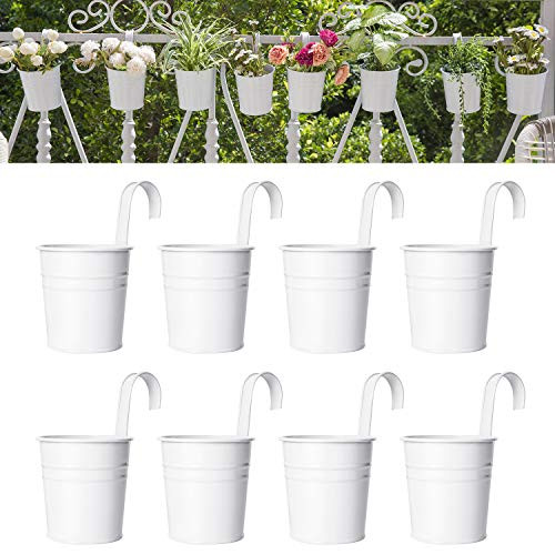 Dahey 8 Pcs Hanging Flower Pots Metal Iron Bucket Planter for Railing Fence Balcony Garden Home Decoration Flower Holders with Detachable Hooks, White