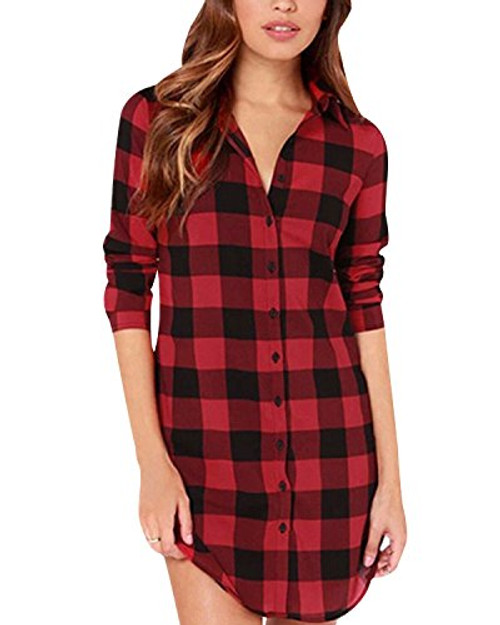 StyleDome Women Buffalo Check Plaid Long Sleeve Collar Neck Casual Button Down Tops Shirts Long Blouses Black Red 12