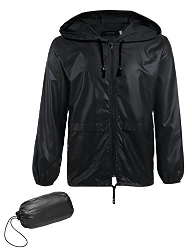 COOFANDY Men's Packable Rain Jacket Outdoor Waterproof Hooded Lightweight Classic Cycling Raincoat (Black, Large)