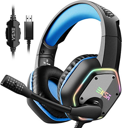 EKSA Gaming Headset with 71 Surround Sound Stereo PS4 USB Headphones with Noise Canceling Mic   RGB Light Compatible with PC PS4 Console Laptop  Blue
