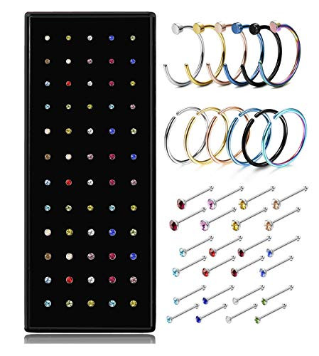 Jstyle Stainless Steel Nose Rings Hoop Nose Stud CZ Piercing for Women Men Hoop Cartilage Tragus Ear Piercing Set