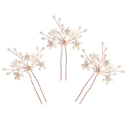 Sppry Wedding Hair Pins  3 Pcs    Elegant Pearl Floral Crystal Hair Accessories for Bridal Women  Rose Gold